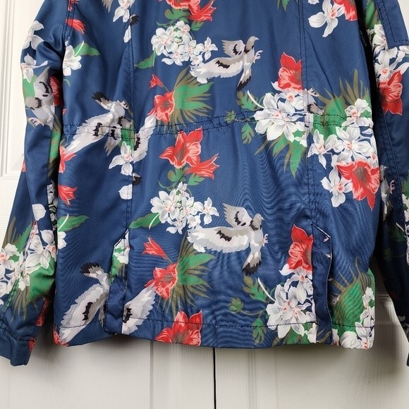 Staple Hooded Rain Jacket Coat Pigeon Brand Blue Floral Birds Print Size M - Picture 15 of 16